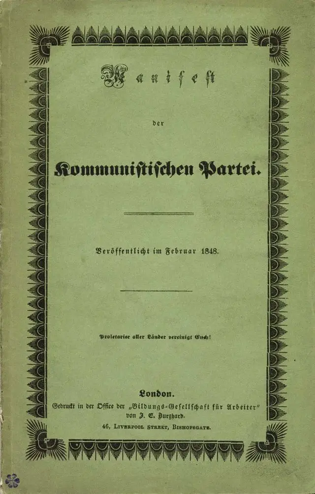 Couverture verte de la première édition : Manifest der Kommunistischen Partei, veröffentlicht im Februar 1848, London