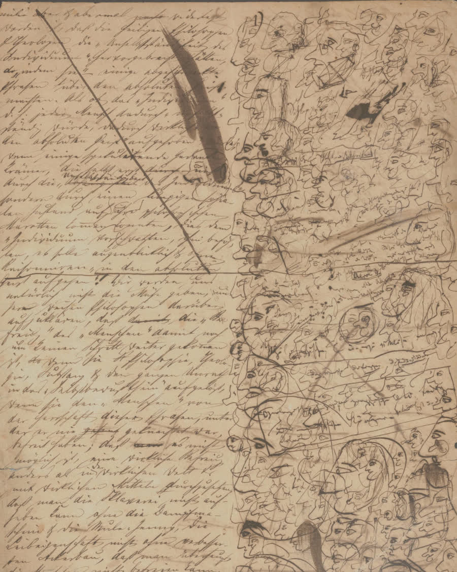 Page du manuscrit de L'Idéologie allemande : l'écriture de Marx à gauche, les profils griffonnés par Engels à droite