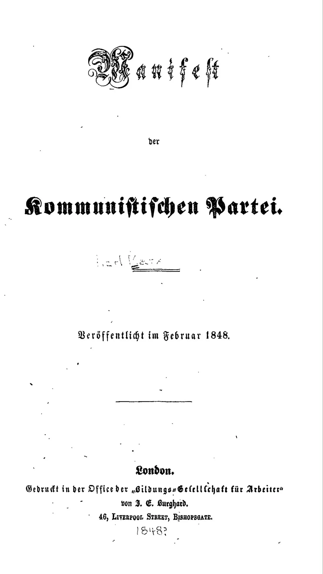 Page de titre du Manifest der Kommunistischen Partei, Londres, février 1848, en caractères gothiques.