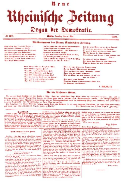 Le dernier numéro de la Neue Rheinische Zeitung, 19 mai 1849, imprimé à l'encre rouge.