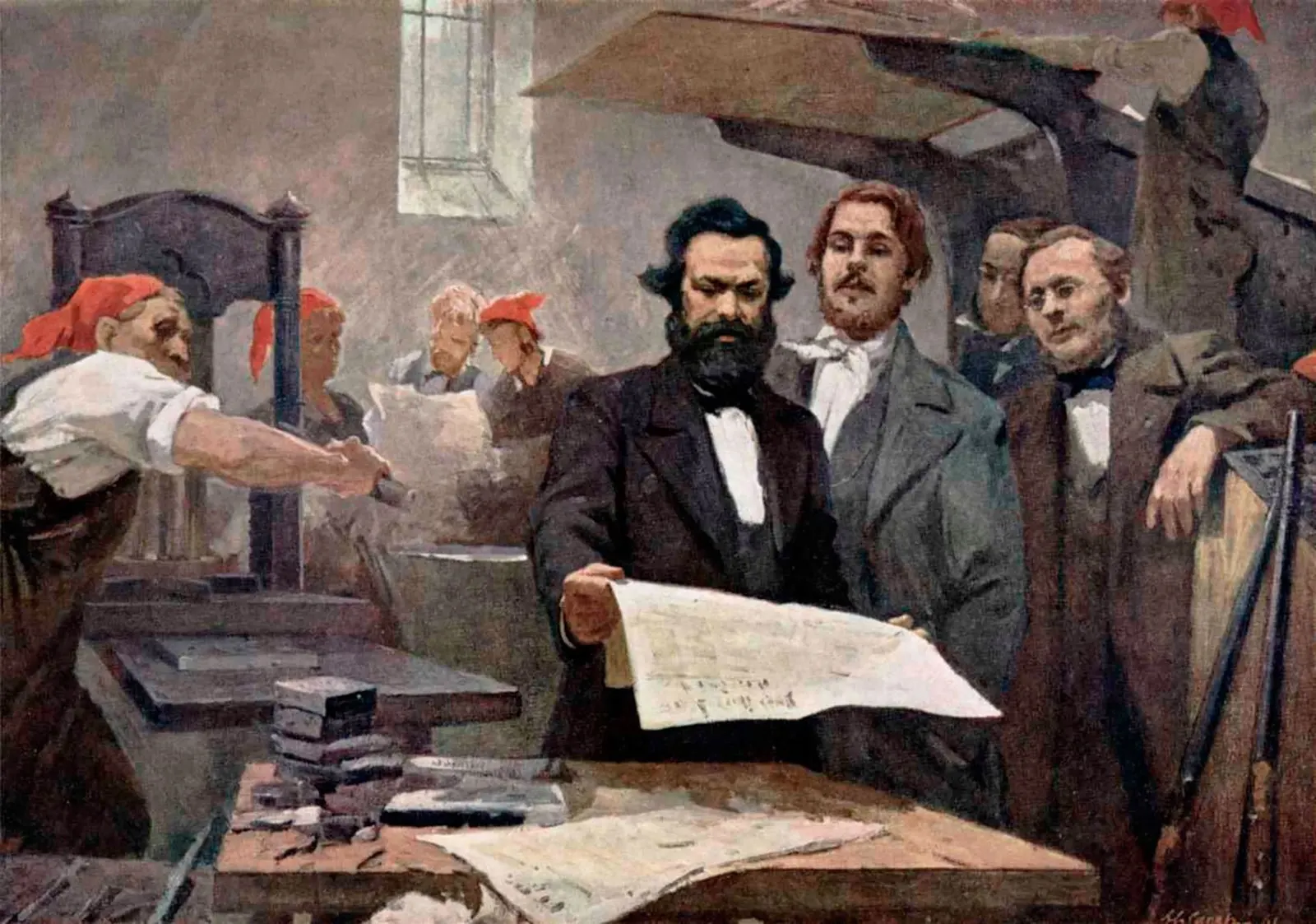 Marx à la rédaction de la Neue Rheinische Zeitung, tableau de Vassili Perov : Marx debout, un journal à la main, entouré de rédacteurs.
