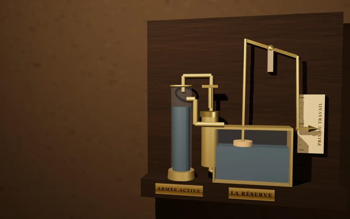 Un appareil de verre et de laiton : une colonne étroite et une cuve large tenant le même liquide, une pompe entre elles, et un fléau reliant un flotteur à l'aiguille d'un cadran gradué.