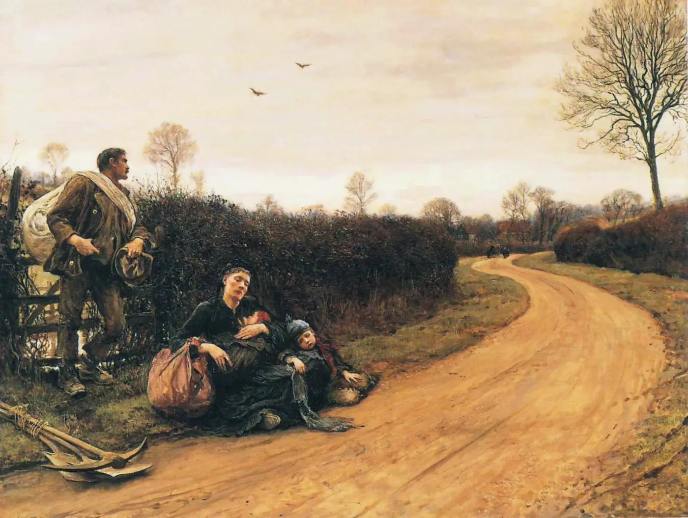 Tableau : au bord d'une route de campagne, un homme debout, un baluchon sur l'épaule, regarde au loin ; sa femme et ses enfants dorment contre la haie ; une pioche et une bêche liées gisent au bord du chemin.