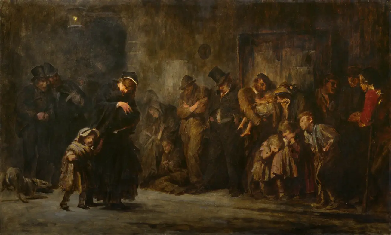 Tableau sombre : la nuit, le long d'un mur, une file d'hommes, de femmes et d'enfants en haillons attend devant une porte ; à gauche, une femme portant un enfant entraîne une petite fille.