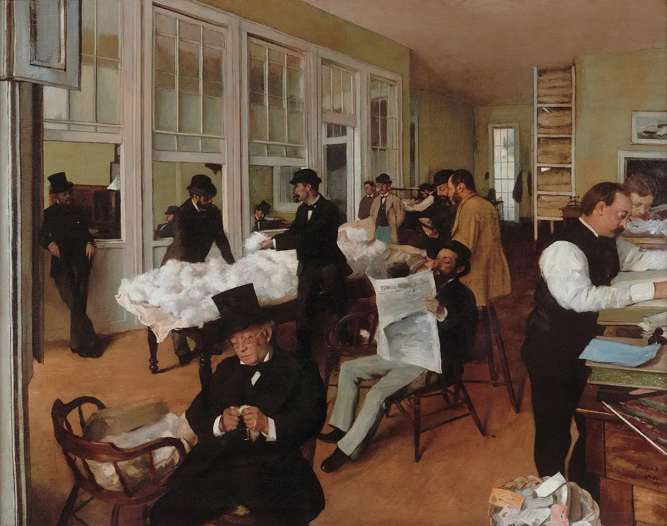 Le Bureau de coton à La Nouvelle-Orléans d'Edgar Degas : des négociants en noir examinent du coton étalé sur une table, l'un lit le journal, un autre écrit dans un registre.