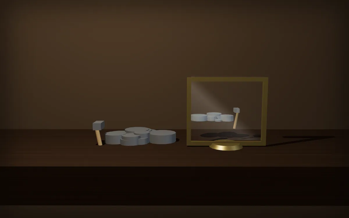 Sur un comptoir, un outil et un tas de pièces de fer qui grossit ; en face, un miroir sur pied où le même tas paraît, plus petit et retourné.