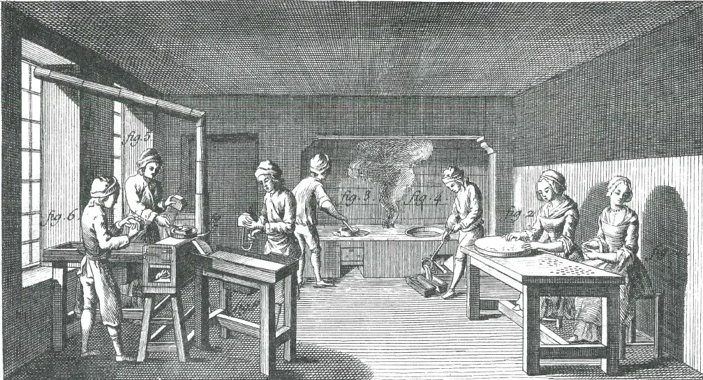 Gravure d'un atelier de fonderie de caractères : au fond, des ouvriers fondent les lettres au fourneau d'où monte la fumée ; à gauche, d'autres travaillent à des établis près des fenêtres ; à droite, deux ouvrières assises à une table devant des lettres fondues.