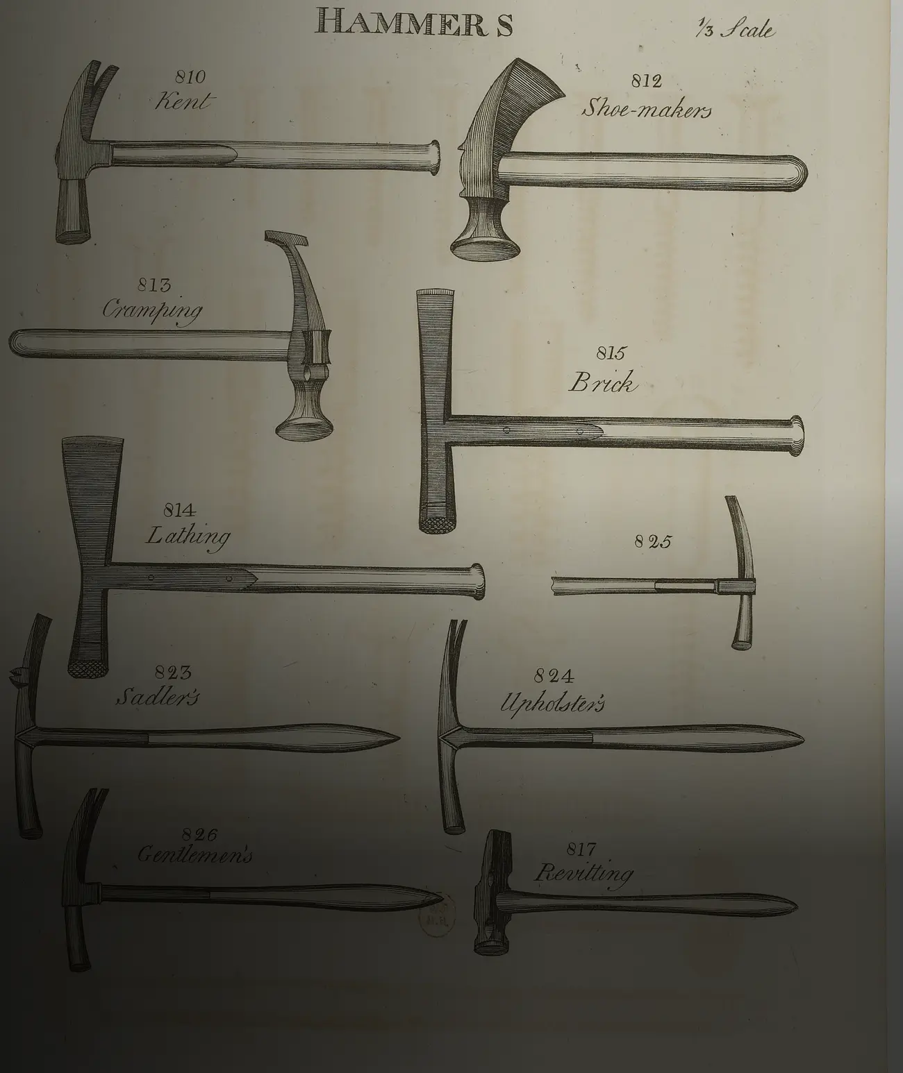 Planche gravée d'un catalogue anglais intitulée « Hammers » : une dizaine de marteaux de formes différentes, chacun numéroté et nommé d'après un métier (Shoe-makers, Brick, Lathing, Sadler's, Upholster's, Revitting).