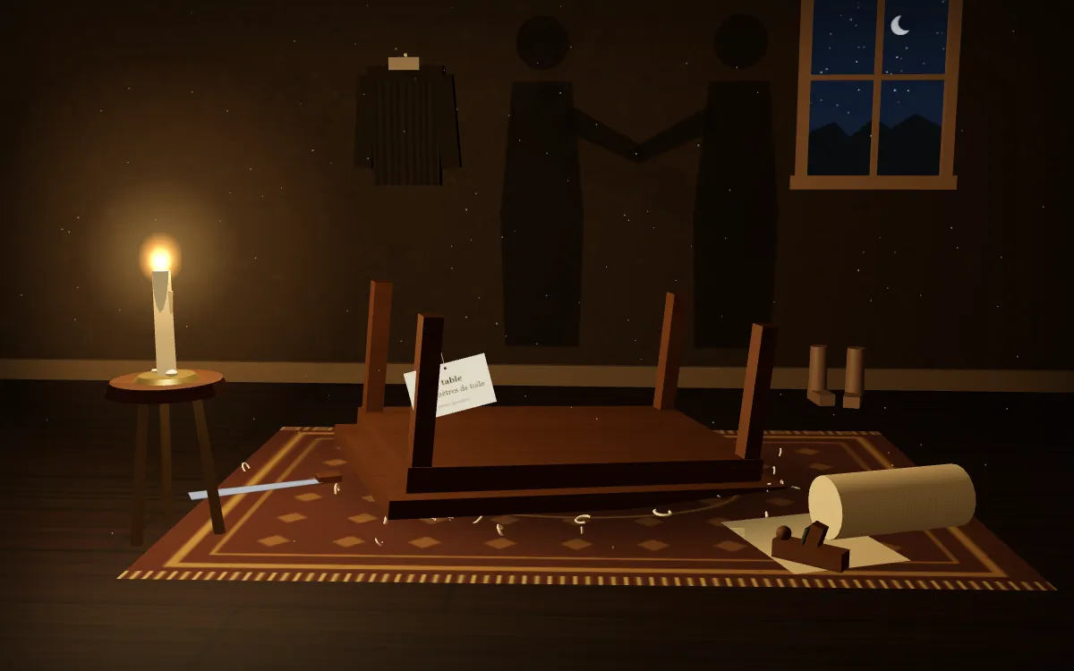 Une table de bois, seule, éclairée à la bougie ; elle se dresse sur sa tête, une étiquette de valeur pendue à un pied, et son ombre sur le mur a la silhouette de deux personnes.
