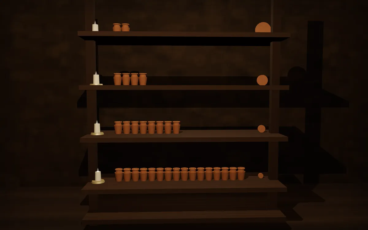 Un séchoir de potier à quatre tablettes : sur chacune un bout de chandelle identique, une rangée de pots de plus en plus nombreuse, et un jeton de terre de plus en plus petit.