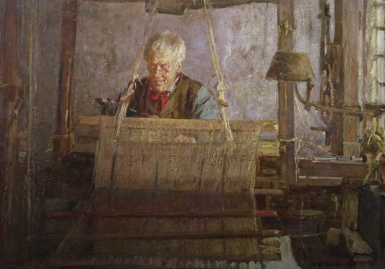 Peinture : un vieil homme à lunettes, en gilet et foulard rouge, assis derrière un métier à tisser à bras en bois ; la toile en cours occupe le premier plan, une lampe pend à droite.