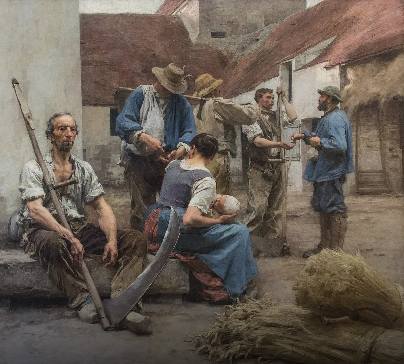 Dans la cour d'une ferme, des moissonneurs reçoivent leur paye : un homme en blouse bleue dépose des pièces dans la main d'un faucheur, un autre compte son argent, et un vieil ouvrier est assis, sa faux à la main, près de gerbes de blé.