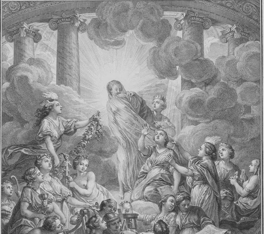 Gravure : sous une colonnade antique, une femme voilée rayonne de lumière ; une figure couronnée lui soulève le voile ; à ses pieds, une figure agenouillée, près d'un livre marqué BIBLIA, lui tourne le dos et regarde vers le ciel ; autour, une foule d'allégories des arts et des sciences.