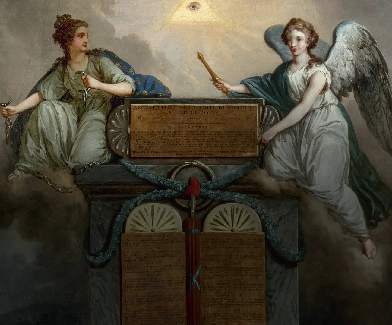 La Déclaration des droits de l'homme et du citoyen peinte sur deux tables de pierre arrondies, comme les Tables de la Loi, sous un œil rayonnant dans un triangle ; de part et d'autre, deux figures allégoriques, l'une tenant des chaînes brisées, l'autre, ailée, désignant le texte d'un sceptre.
