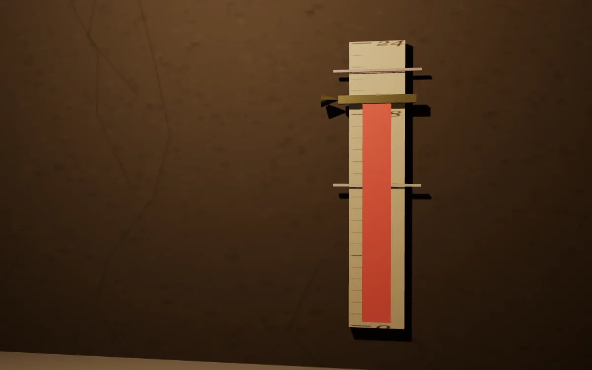 Une toise de bois graduée de zéro à vingt-quatre heures contre un mur d'atelier, avec un index de laiton, deux traits gravés et une barre de fer fixée en travers.
