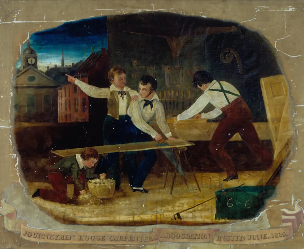 Bannière peinte de 1835 : dans un atelier de menuiserie, un charpentier montre du doigt l'horloge d'un clocher à un camarade qui scie une planche ; sur un coffre vert au premier plan, on lit « 6 to 6 ».