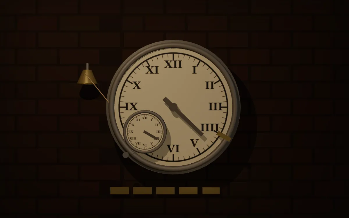 Le cadran de fonte d'une horloge de fabrique en gros plan, un repère de laiton sur sa graduation, un second cadran plus petit encastré et scellé d'un plomb, et une couronne de plaques de laiton vissées sur la boîte.