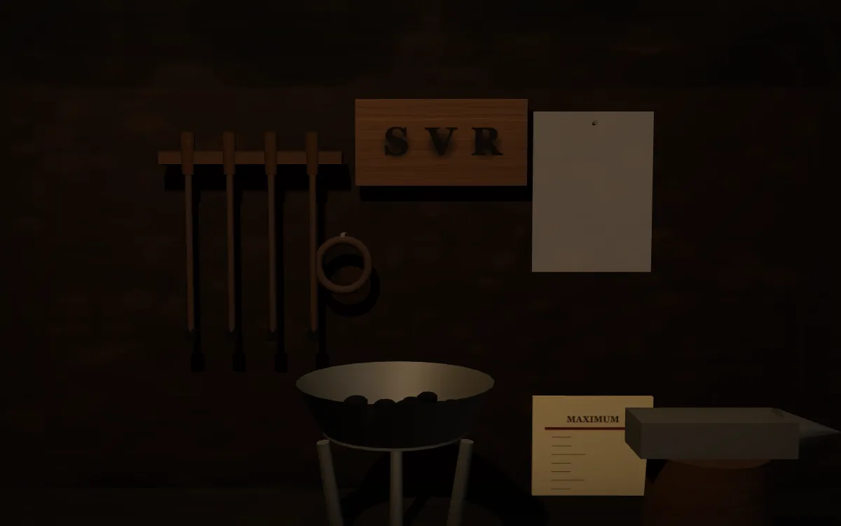 Un coin de forge : un brasier sur trois pieds, une enclume sur son billot, un râtelier de fers à marquer, une planche d'essai portant trois lettres brûlées, et au mur un tableau de tarif dont seul le trait supérieur est tracé.