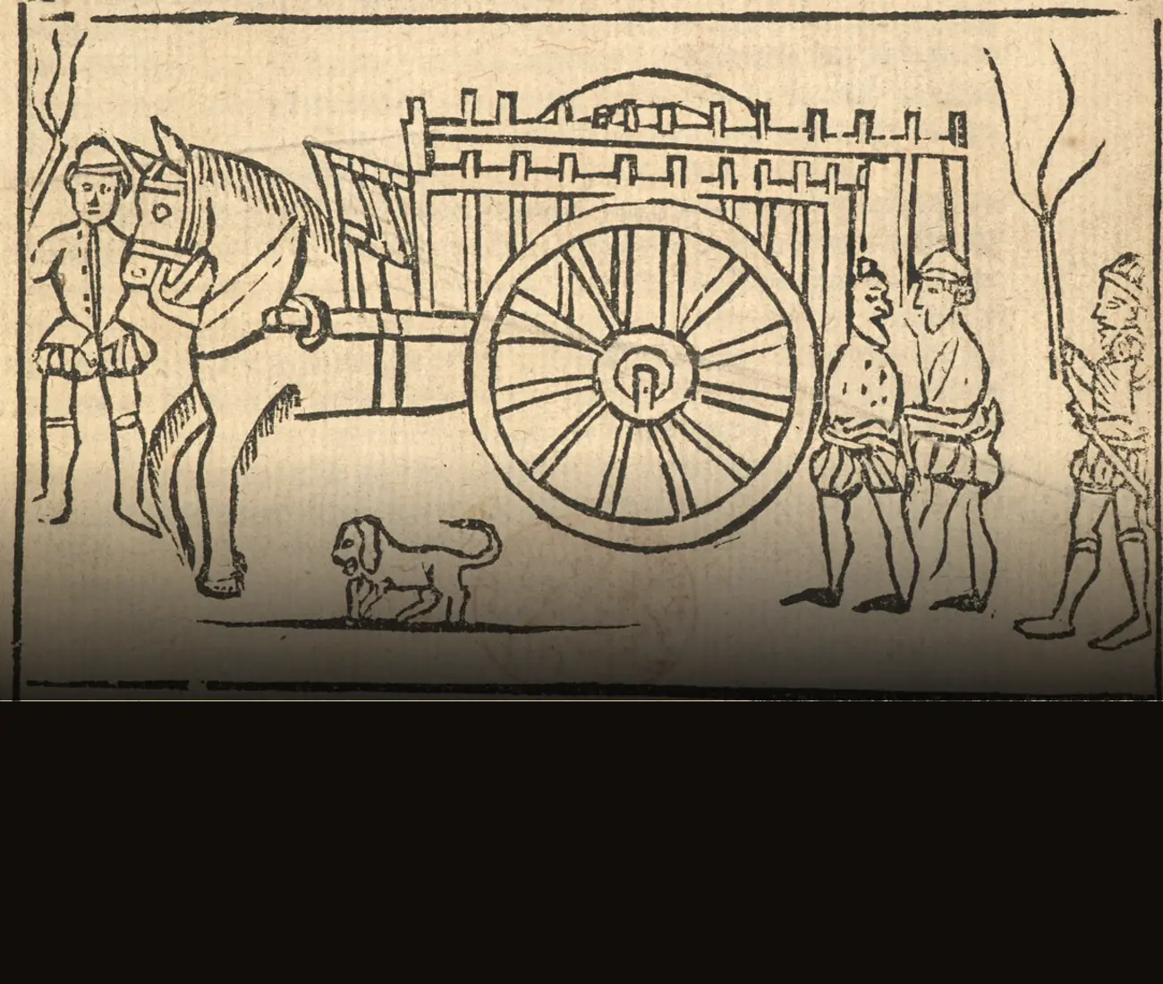 Gravure sur bois de la page de titre d'un livre imprimé à Londres en 1567 : un cheval attelé à une charrette, deux hommes attachés à l'arrière, et un troisième qui lève une verge derrière eux.
