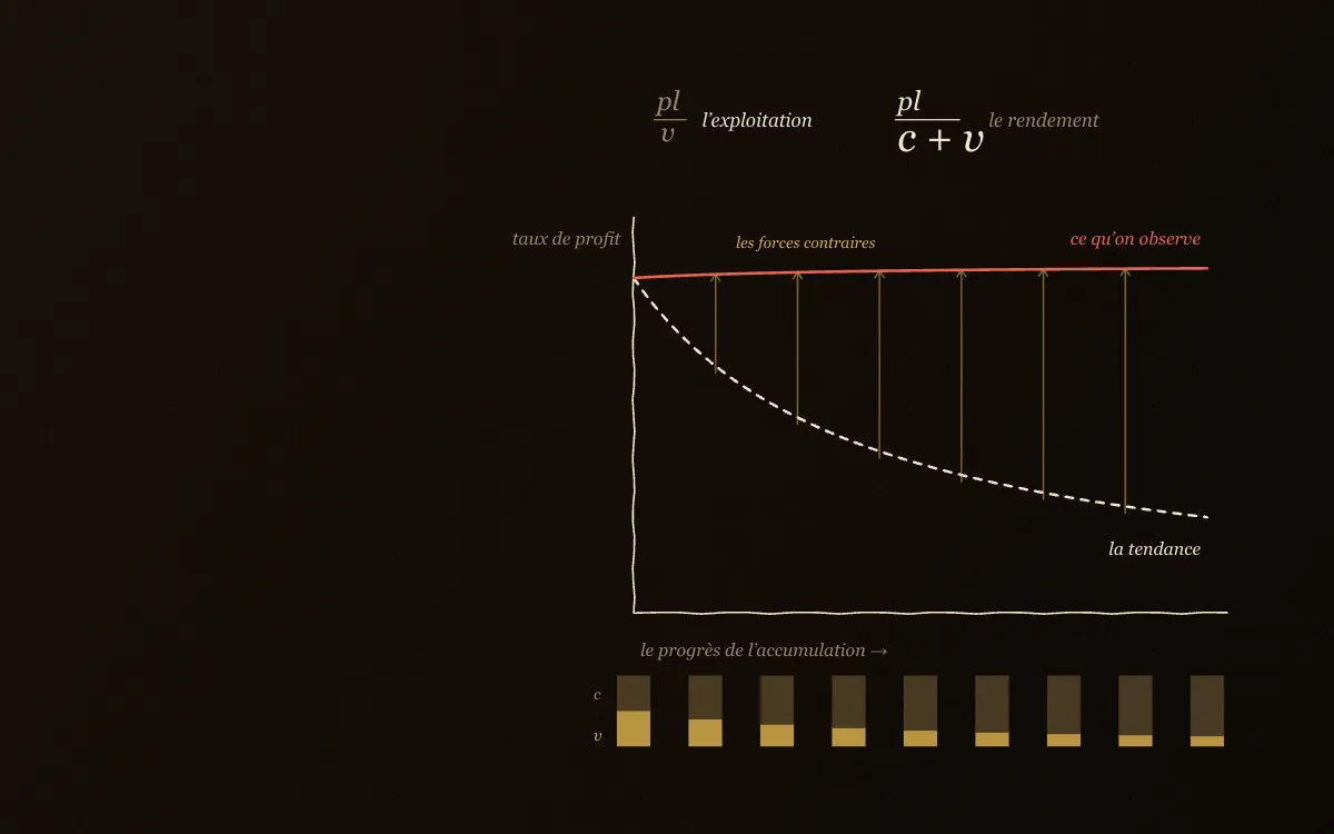 Une planche dessinée : deux courbes du taux de profit sur des axes, l'une qui tombe de moitié à un septième, l'autre presque plate, et sous l'abscisse des barres où la part du capital variable diminue.