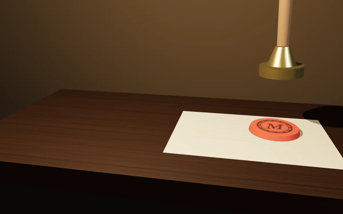 Sur une table, une goutte de cire à cacheter rouge et un cachet de laiton à manche de bois qui descend vers elle.