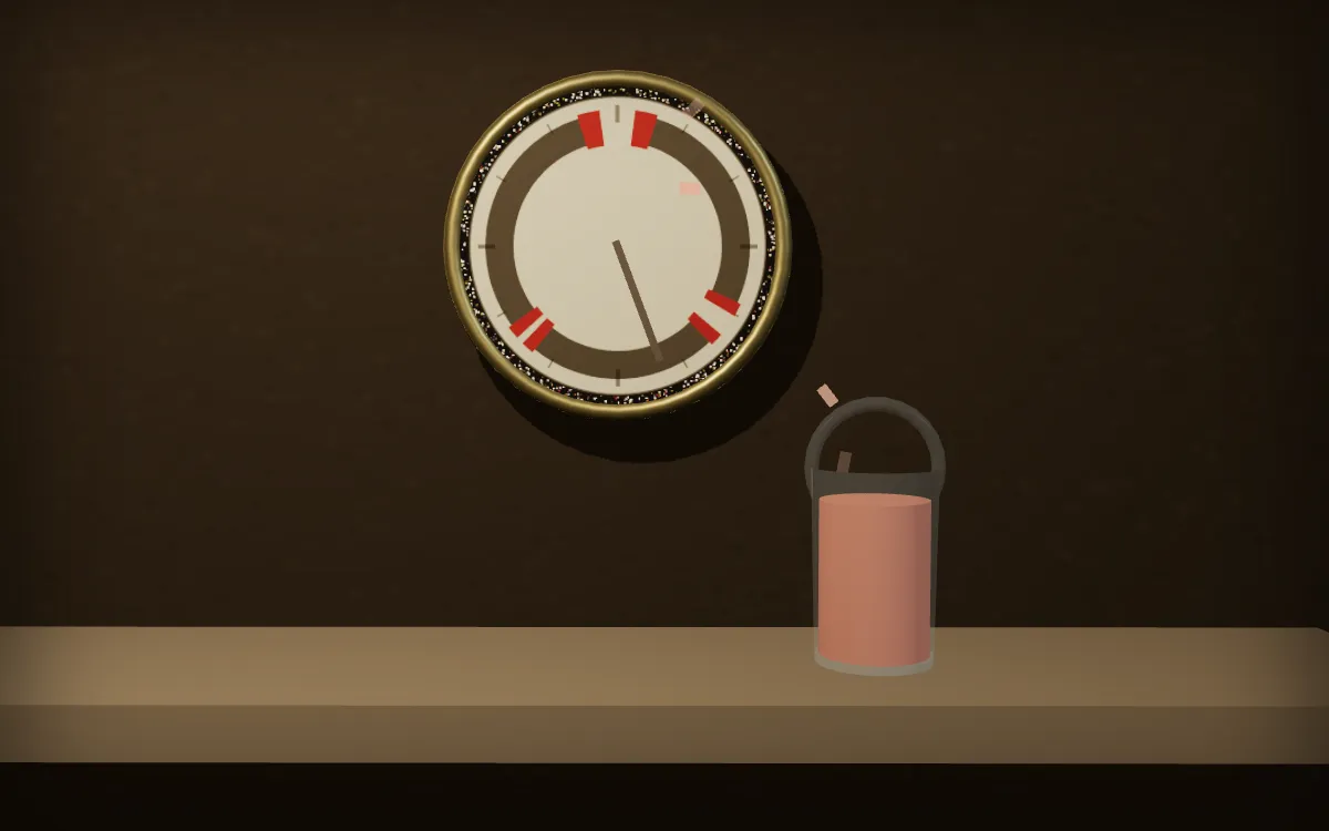 Une pendule d'atelier sur un mur, dont le cadran porte la journée légale et deux repas ; des éclats rouges se détachent de ses bords et tombent dans un bocal de verre posé sur une étagère.
