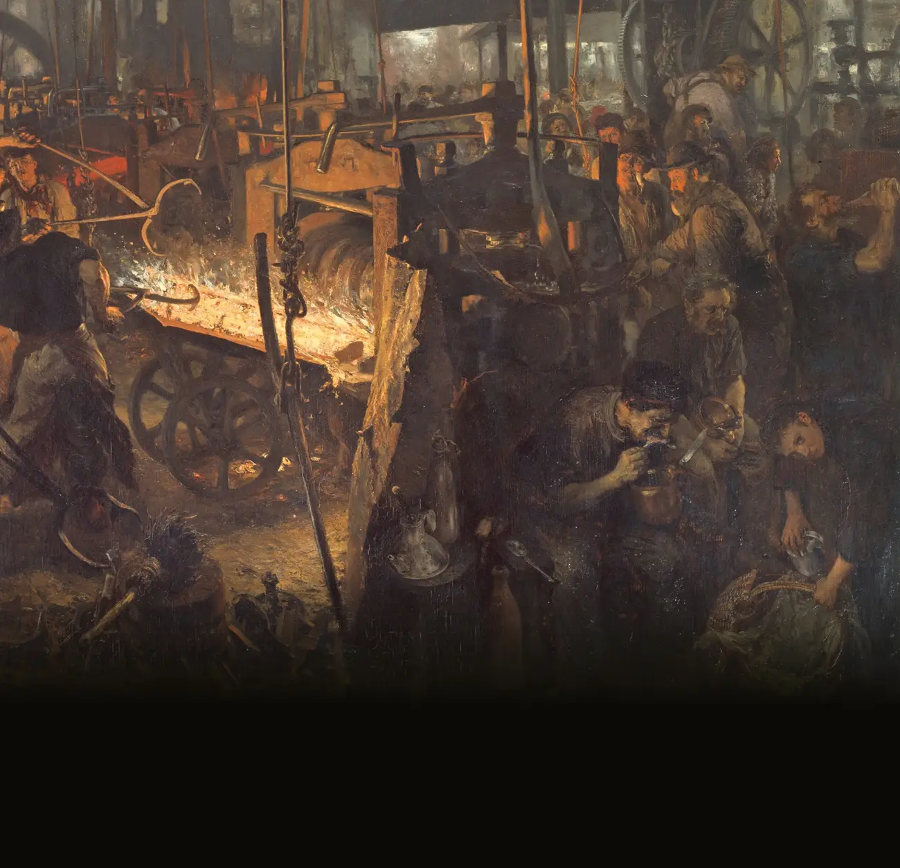 Détail d'un tableau de laminoir : au centre, des ouvriers poussent un bloc de fer incandescent sous les cylindres ; à droite, d'autres mangent dans des gamelles, accroupis contre une tôle, et une jeune fille apporte un panier de nourriture.