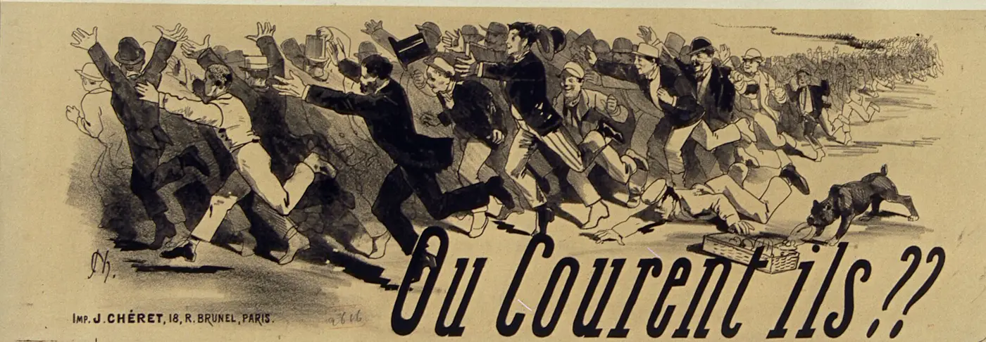 Une foule d'hommes en chapeau court dans la même direction, bras tendus, l'un tombe, un chien emporte un panier ; en bas, la question « Où courent-ils ?? ».