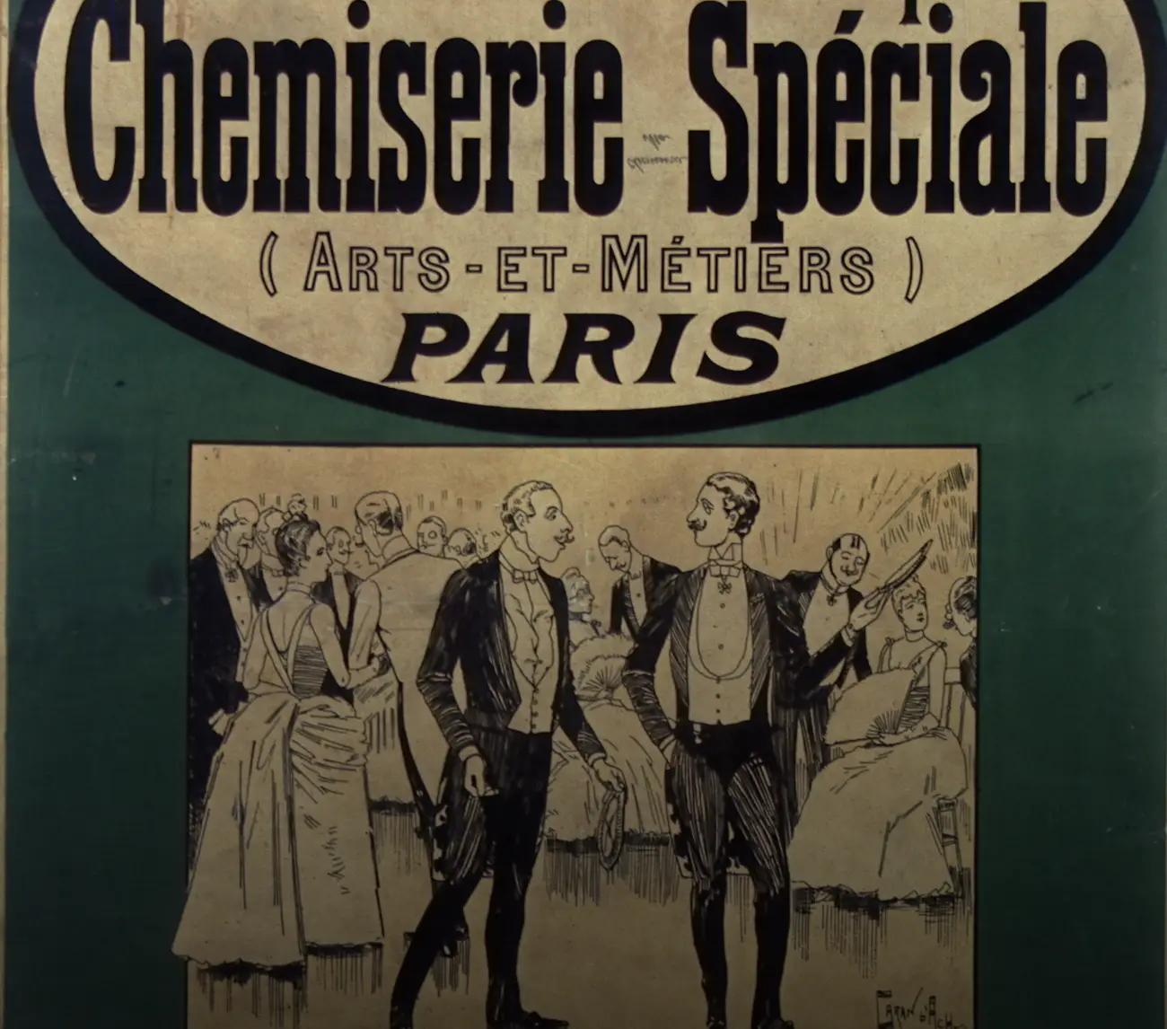 Affiche illustrée de la Chemiserie spéciale, à Paris : sous le nom de la maison, deux hommes en habit et plastron blanc se parlent au milieu d'un bal.