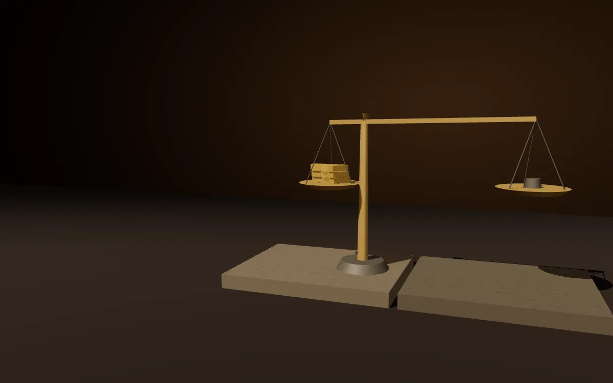 Une balance de laiton dont le fléau est horizontal alors que le plateau de gauche porte une pile de lingots et celui de droite un seul poids ; le pivot n'est pas au milieu, et le socle repose sur la dalle de gauche.