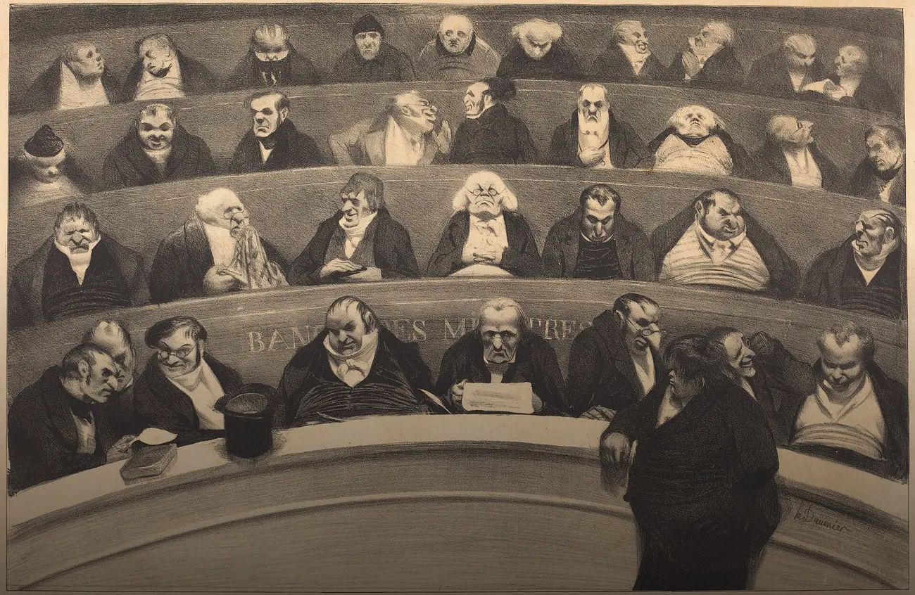 Lithographie : sur quatre rangs de bancs en hémicycle, des députés ventrus somnolent, lisent ou bavardent ; au premier rang, devant l'inscription « Banc des ministres », un ministre lit un papier, un chapeau haut de forme est posé sur la balustrade.