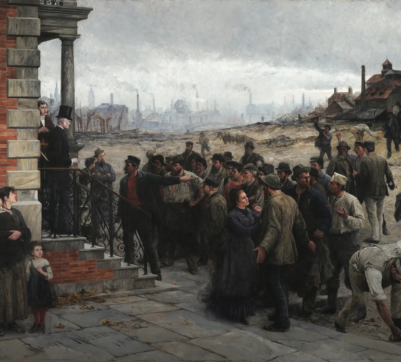 Peinture : devant le perron d'une maison bourgeoise, un homme en haut-de-forme fait face à une foule d'ouvriers en blouse et en casquette ; l'un d'eux tend le bras vers lui, une femme retient un homme, un autre ramasse une pierre ; au fond, les cheminées d'une fabrique.