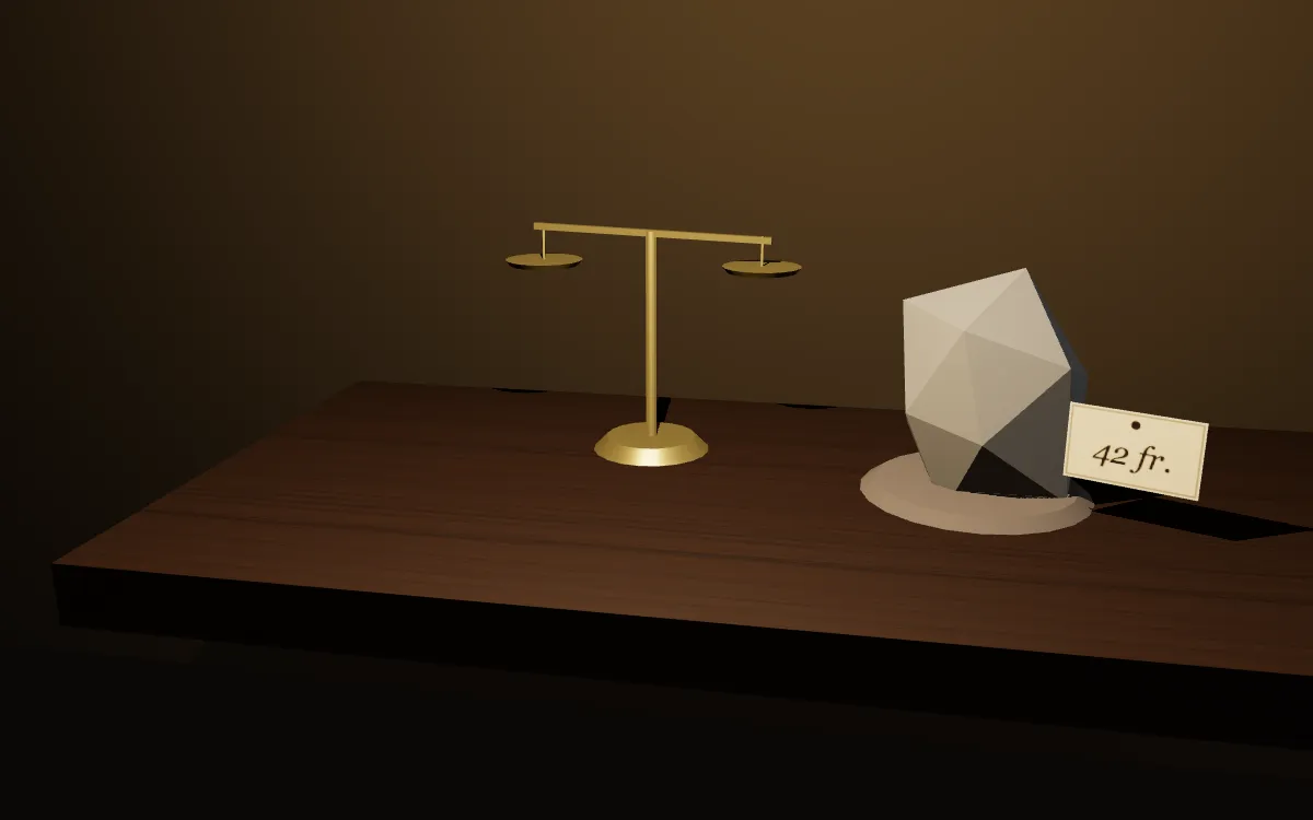 Un cristal facetté sur une étoffe, sous une lampe, avec une balance de laiton à côté et une étiquette portant un prix nouée à un fil.