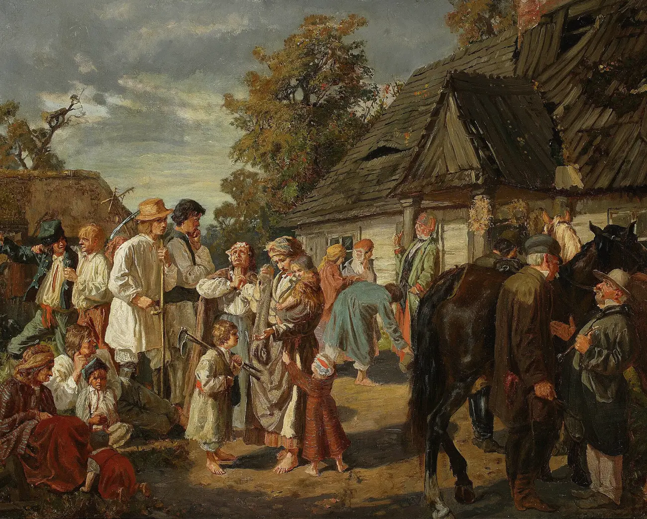 Peinture : devant une maison de bois au toit délabré, des paysans tenant faux et faucilles attendent avec leurs enfants ; un homme en redingote se tient à la porte.