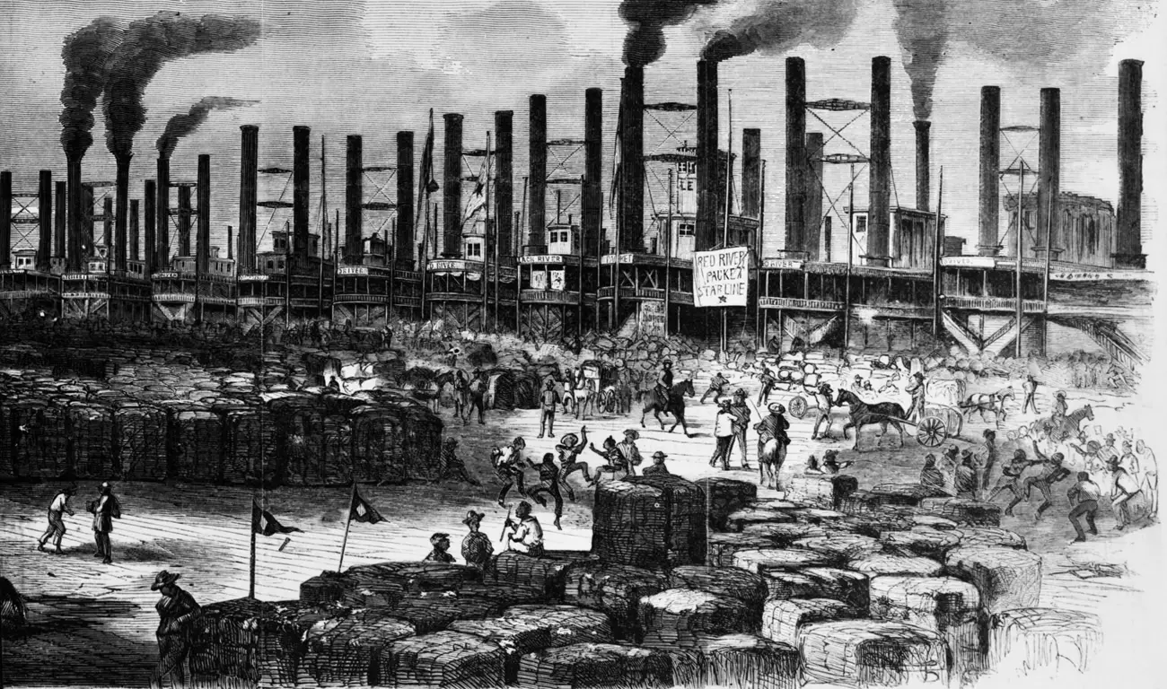 Le quai de La Nouvelle-Orléans en 1860 : des balles de coton empilées par centaines au premier plan, et derrière elles une file de bateaux à vapeur dont les cheminées fument.