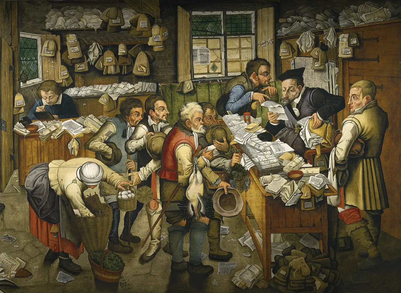 Le bureau d'un collecteur, peint vers 1616 : des paysans chapeau à la main apportent des œufs, une volaille, du raisin et des légumes à un homme assis derrière une table chargée de registres ; des dizaines de sacs étiquetés pendent aux poutres.