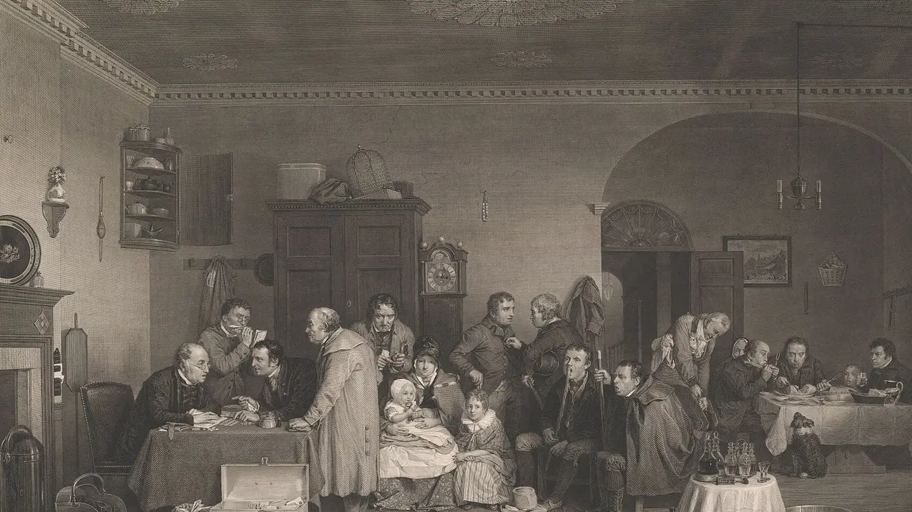 Gravure : dans une grande salle, l'intendant d'un domaine, assis à une table couverte de pièces, reçoit des fermiers ; d'autres attendent leur tour sur des chaises, une famille avec deux enfants au milieu, et à droite on mange à une table dressée.