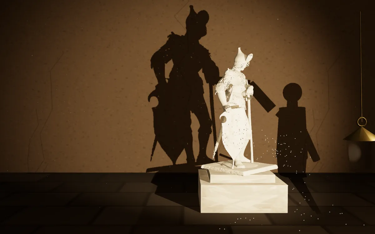 Un atelier de sculpteur à la lanterne : le bloc de marbre d'où sort la statue d'un homme en armure, et sur le mur l'ombre portée d'un homme au maillet levé.