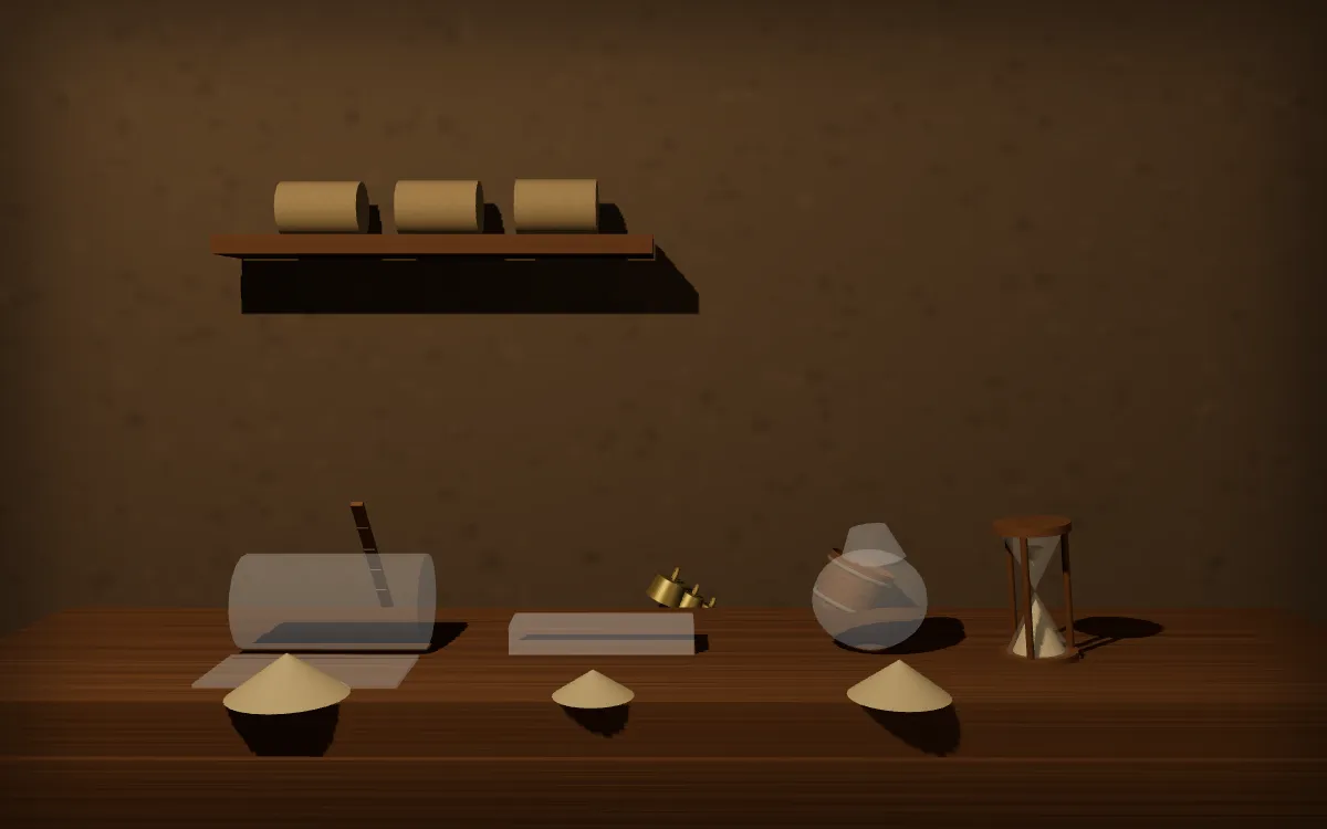 Un comptoir : une pièce de toile, une barre de fer et un sac de grain, chacun avec sa mesure propre, un sablier, et devant chaque objet un tas de sable d'une grandeur différente.