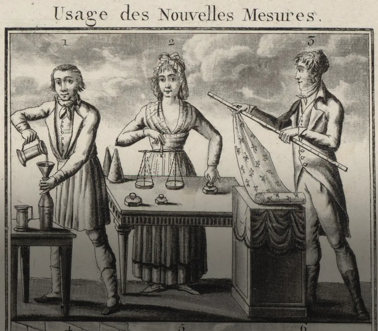 Gravure de 1800, Usage des nouvelles mesures : un homme verse du vin dans une bouteille avec un entonnoir, une femme pèse sur une balance à côté de deux cônes, un troisième homme mesure une pièce de tissu imprimé avec une règle graduée.